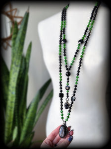 Poison Apple - Jade Albite + Gold Sheen Obsidian 108 Mala Bead Necklace - Hypersthene Pendant + Tourmaline Accents