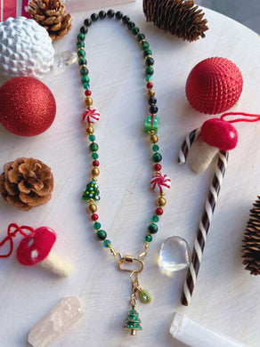 Rocking Around the Christmas Tree - 21” Necklace - Emerald Tigers Eye + Preciosa Crystals + Onyx + Red Quartz + Lampwork Glass