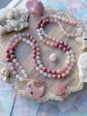 Moonstruck - Rhodonite + Mystic Rose Quartz + Rose Quartz - 108 Mala Necklace - Rose Quartz Moon