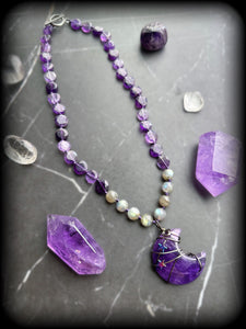 Moon Goddess - 18” Faceted Amethyst Coins + Labradorite - Amethyst Moon Pendant