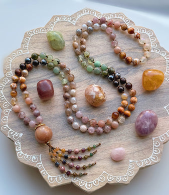 SALE: Heart of Gold - Golden Opal Focal - 8mm: Prehnite, Moonstone, Citrine, Tigers Eye, Mookaite, Rose Quartz - 108 Mala Necklace - Diamond cut tassel