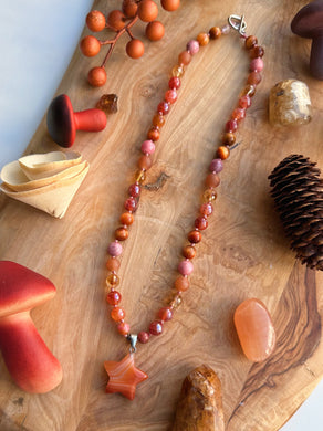 Firestar - 18” Choker - Mystic Fire Quartz + Rhodonite + Citrine + Peach Druzy Agate + Peach Tigers Eye - Agate Star Pendant