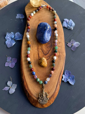 Brass Ganesha + 20” Necklace - 8mm Multicolor Gemstone Mix