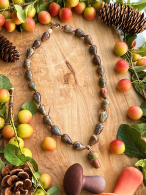 Mushroom Hollow - 16” Choker Mushroom Jasper Facet Drops + Unakite Mushroom Pendant