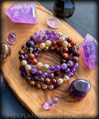 Autumn Embers - Hessonite Garnet, Amethyst, Aura Amethyst, Smoky Quartz, Druzy Agate, Mystic Agate Stretch Mala Bracelet