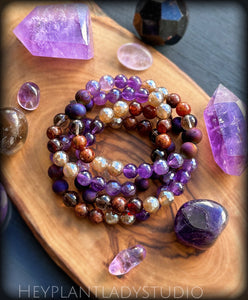 Autumn Embers - Hessonite Garnet, Amethyst, Aura Amethyst, Smoky Quartz, Druzy Agate, Mystic Agate Stretch Mala Bracelet