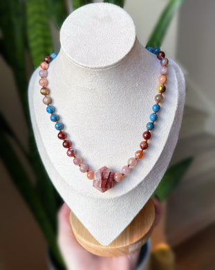 Fearless Spirit - 8mm Apatite, Mystic Tigers Eye, Hessonite Garnet, Moonstone, Rose Quartz, Strawberry Quartz - Hematoid Quartz Focal
