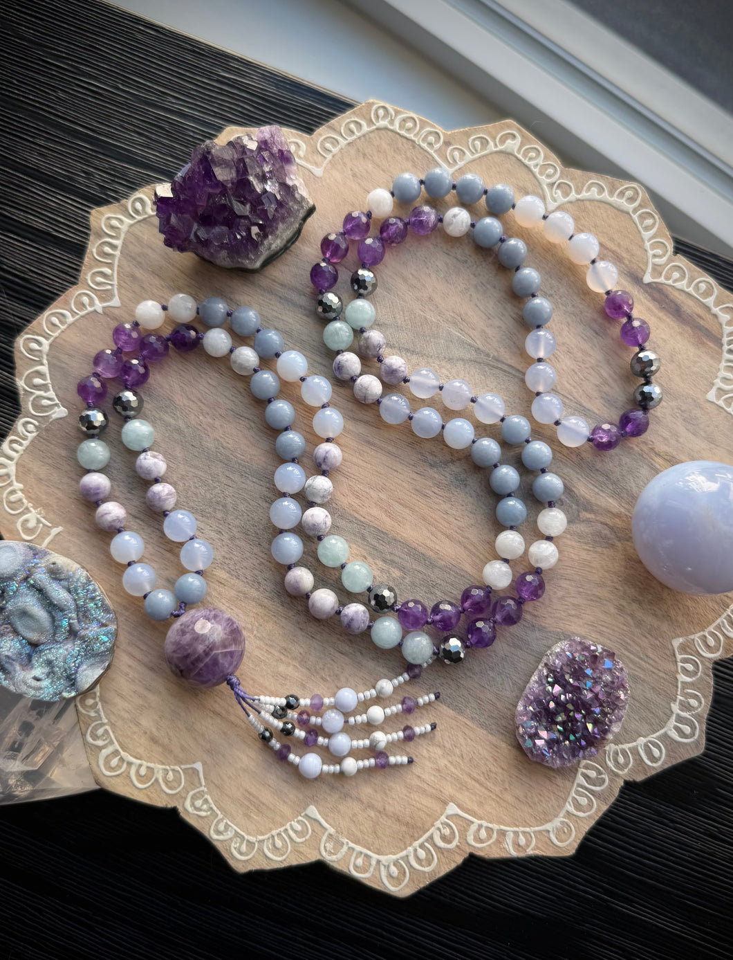 Ethereal Frost - 8mm Angelite, Blue Chalcedony, Purple Tiffany Jasper, Aquamarine, Terahertz, Amethyst, Moonstone - 108 Mala Necklace - Amethyst Focal