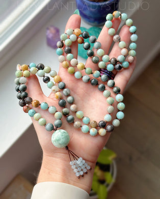 Calming Circle - 108 Gemstone Meditation Beads - Green Moonstone Focal