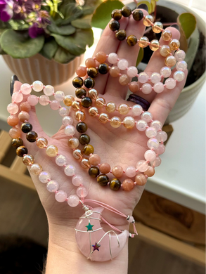 The Solar Witch  - 8mm - Rose Quartz, Aura Rose Quartz, Aura Quartz, Aura Citrine, Tigers Eye, Peach Moonstone - 108 Mala Necklace - Rose Quartz Moon Focal (pink/green stars)