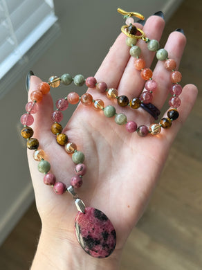 Strawberry Flame - 19” Necklace - 8mm - Sunstone, Rhodonite, Seaweed Quartz, Tigers Eye, Strawberry Quartz, Sunstone, Aura Quartz - Rhodonite Oval Focal