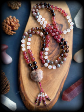 Crimsonberry Frost- 8mm: Strawberry Quartz, Garnet, Agate, Silverite, Chocolate Sunstone, Smoky Quartz - 108 Mala Necklace - Diamond cut tassel