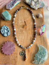 Load image into Gallery viewer, Golden Tide - 18” Necklace - Botswana Agate, Mother of Pearl Stars + Glass Pearl + Shell Focal