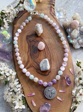 Starry Sparkles - 16”Choker - 8mm Lavender Amethyst, Aquamarine, Lavender Selenite - Silver CZ Space Charm