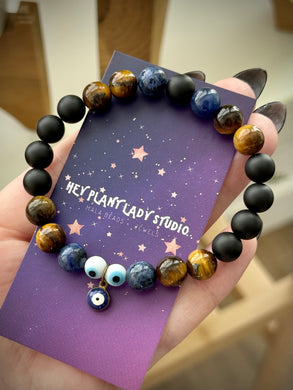 Evil Eye 🧿 - 8mm Dumortierite, Tigers Eye, Matte Onyx - Stretch Mala Bracelet