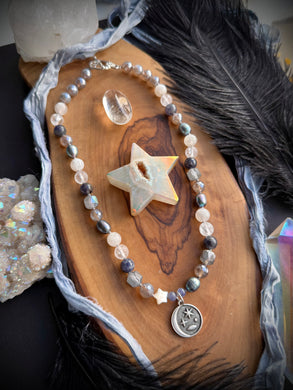 Starbound - 16” Choker - 8mm Peacock Pearls, Tanzanite, Iolite, Moonstone, Quartz, Mystic Silverite, Mother of Pearl Star + Celestial Focal