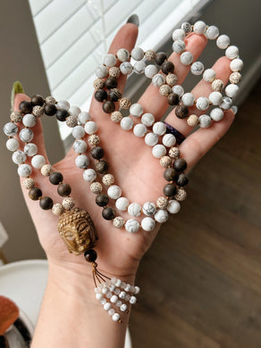 Seeds of Stillness - Bodhi Seed, Howlite, Bronzite - 108 Mala 40” Necklace - Carved Jade Buddha Focal