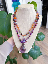 Load image into Gallery viewer, Dew Drop - 20” Necklace - 8mm Amethyst Carved Pumpkins + Tigers Eye - Amethyst Wire Wrapped Pendant