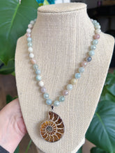 Load image into Gallery viewer, Seashells &amp; Sandcastles - 18”Choker - 8mm Mystic Amazonite + Mystic Aquamarine + Mystic Moonstone - Ammonite Pendant