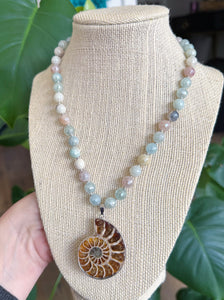 Seashells & Sandcastles - 18”Choker - 8mm Mystic Amazonite + Mystic Aquamarine + Mystic Moonstone - Ammonite Pendant