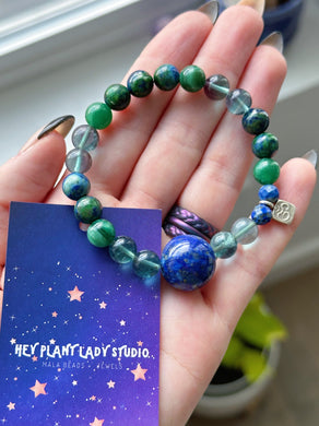 Lapis Lazuli Focal + Karen Hill Tribe Silver OM - Peaceful Earth - Fluorite, Muscovite, Chrysocolla Gemstone Bracelet