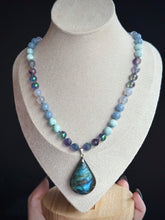 Load image into Gallery viewer, Salt + Spirit - 18” Necklace  - 8mm - Rainbow Fluorite, Angelite, Blue Chalcedony, Agate, Aura Quartz - Labradorite Focal