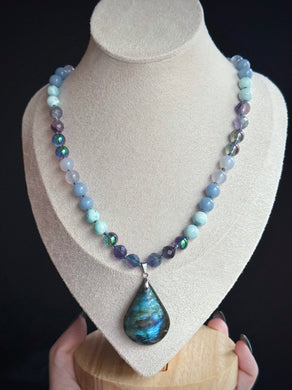 Salt + Spirit - 18” Necklace  - 8mm - Rainbow Fluorite, Angelite, Blue Chalcedony, Agate, Aura Quartz - Labradorite Focal