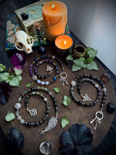 Load image into Gallery viewer, Call the Unseen - Witch’s Ladder, Altar Beads - Galaxy Tigers Eye, Lavender Moon Quartz, Onyx, Amethyst, Triquetra