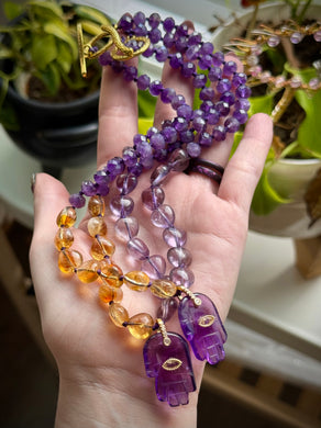 🔮 Hands of Fortune - 16” Choker - 8mm - Ametrine Hearts + Amethyst Rondelle + Amethyst Hamsa Focal