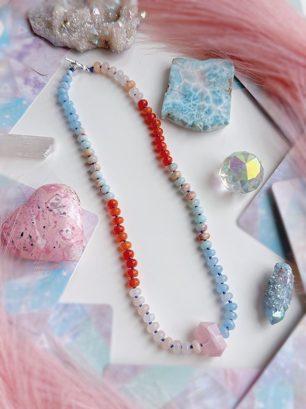 Coral Lagoon - 20” Necklace - 8mm Pink Aventurine, Aqua Terra Jasper, Candy Jade - Rose Quartz Focal