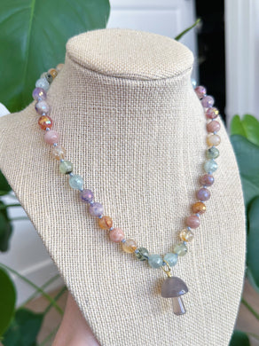Fairy Ring - 16” Choker - 8mm Mystic Aquamarine + Prehnite + Citrine + Sunstone + Mystic Pink/Golden Healer + Mystic Lavender Amethyst - Agate Mushroom Pendant