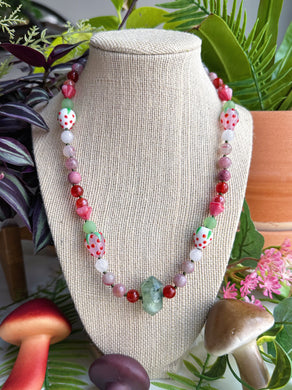Strawberry Shortcake Necklace 19” - Rose Quartz + Green Aventurine + Rhodonite in Quartz  + Lampwork Glass Strawberries - Prehnite Pendant
