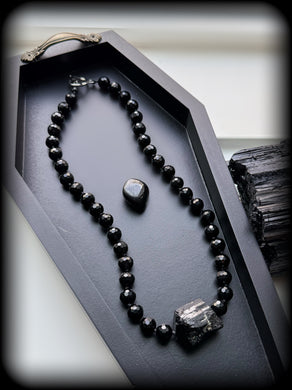 Mystic Shield - 18” Necklace - 10mm Faceted Onyx + Drilled Black Tourmaline Chunk