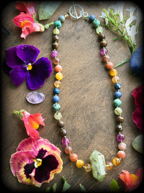 The Flames at Dusk - 16” Choker  - 8mm Citrine, Tigers Eye, Sunstone, Moonstone, Bronzite, Fluorite, African Turquoise, Apatite, Dumortierite — Prehnite Pendant