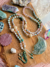 Load image into Gallery viewer, Siren’s Treasure - 108 Mala Necklace - 8mm Rose Quartz, Amazonite, Aquamarine, Freshwater Pearl Accent - Mermaid Focal + Aqua Drop