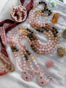 The Solar Witch  - 8mm - Rose Quartz, Aura Rose Quartz, Aura Quartz, Aura Citrine, Tigers Eye, Peach Moonstone - 108 Mala Necklace - Rose Quartz Moon Focal (pink/green stars)