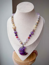 Load image into Gallery viewer, Lunar Amethyst 18” Necklace - Rose Quartz, Jade, Yellow Opal, Calcite, Amethyst, Rhodonite - Amethyst Moon Pendant