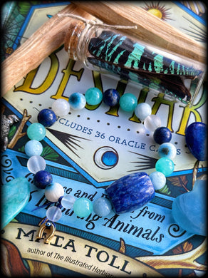 Blue Morpho - Lapis Focal - Gold Filled Evil Eye Charm - 8mm Amazonite + Lapis Lazuli + Matte Clear Quartz + Nakaurite + Aquamarine + Moonstone - Gemstone Bracelet