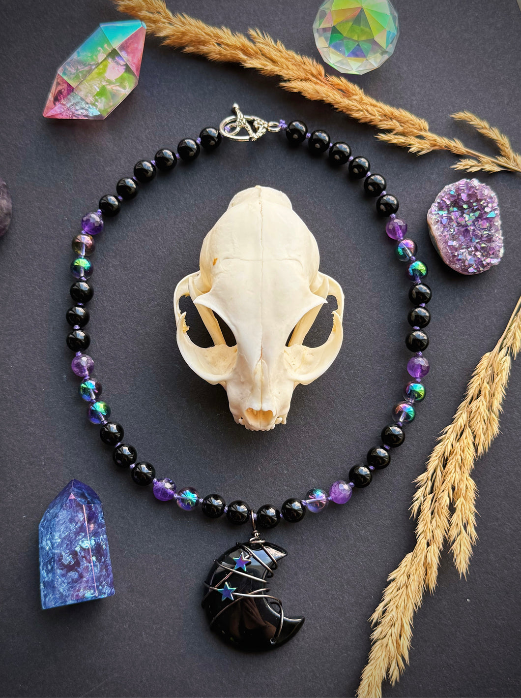 Moon Mischief - 16” Choker  - 8mm - Onyx, Amethyst, Aura Quartz - Obsidian Moon Focal