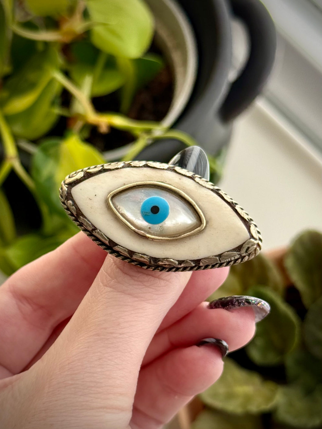 Evil Eye Tibetan Ring - Bone and Mother of Pearl - Adjustable Band fits sizes 5-15