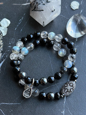 Shadow Sutra Stack - (2) Bracelets Set  - 8mm Onyx, Hematite, Tourmalinated Quartz, Labradorite - Sterling Buddha Focal + Filgree Focal