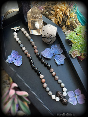 It’s Only a Phase - 15” Choker - Moonstone + Sunstone + Silver Obsidian + Labradorite - Black Moonstone Pendant