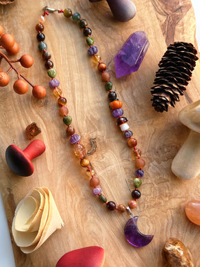 Harvest Moon - 17” Choker - 8mm Citrine, Hessonite Garnet, Unakite Hearts & Amethyst Carved Pumpkins + Lampwork Glass Mushroom and Pumpkin + Carnelian Skull Carving - Amethyst Moon Pendant