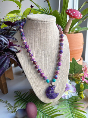 Celestial Shores - 18” Necklace - 10mm Sea Sediment Jasper + Amethyst Moon Pendant