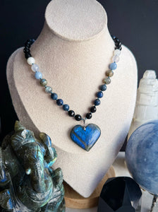 Awakened Heart - 16” Choker  - Onyx, Dumortierite, Labradorite, Angelite, Blue Chalcedony, Moonstone 8mm - - Labradorite Heart Focal