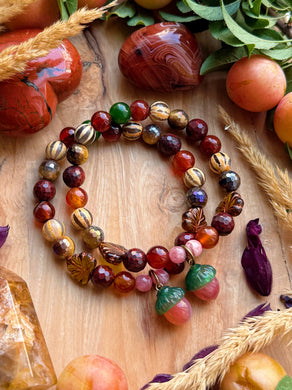 🍂Spirit of the Harvest - Apple Jasper, Melon Agate, Mystic Tigers Eye, Carnelian, Jade,  Rhodochrosite - Carved Agate Acorns - 8mm Gemstone Stretch Mala Bracelet