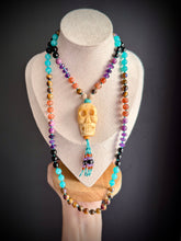 Load image into Gallery viewer, Skull Island - 8mm - Amethyst, Sunstone, Amazonite, Phosphosiderite, Onyx, Mystic Tigers Eye, Bodhi Seed - 108 Mala Necklace - Carved Bone Skull Focal