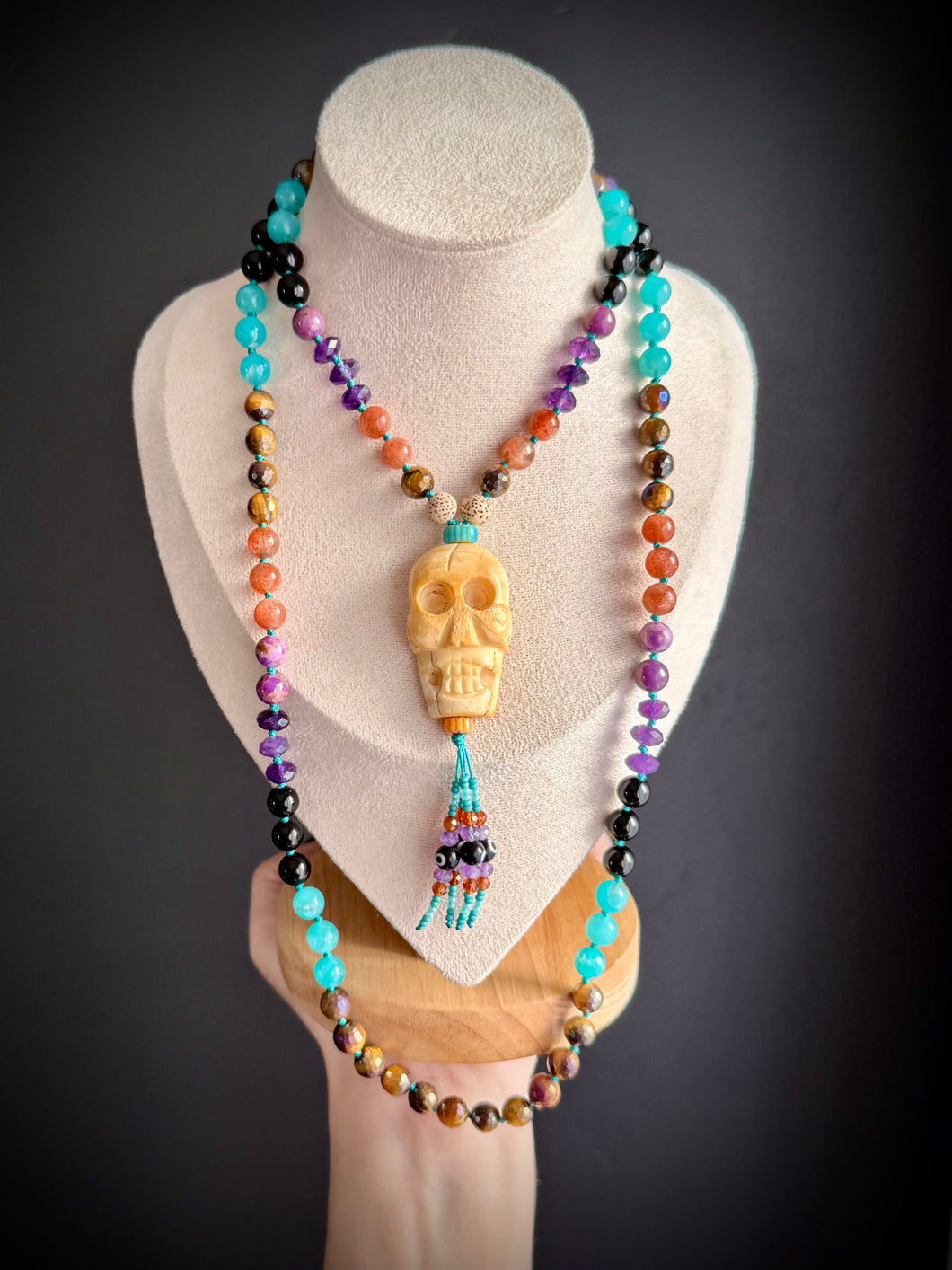 Skull Island - 8mm - Amethyst, Sunstone, Amazonite, Phosphosiderite, Onyx, Mystic Tigers Eye, Bodhi Seed - 108 Mala Necklace - Carved Bone Skull Focal