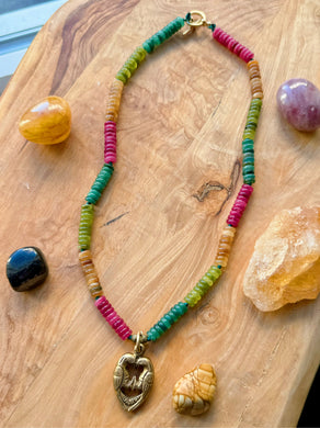 The Lovebirds - 16” Choker - 6mm Candy Jade + Brass Heart Lovebirds Pendant