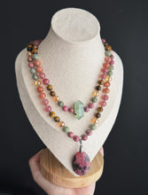 Load image into Gallery viewer, Strawberry Flame - 19” Necklace - 8mm - Sunstone, Rhodonite, Seaweed Quartz, Tigers Eye, Strawberry Quartz, Sunstone, Aura Quartz - Rhodonite Oval Focal